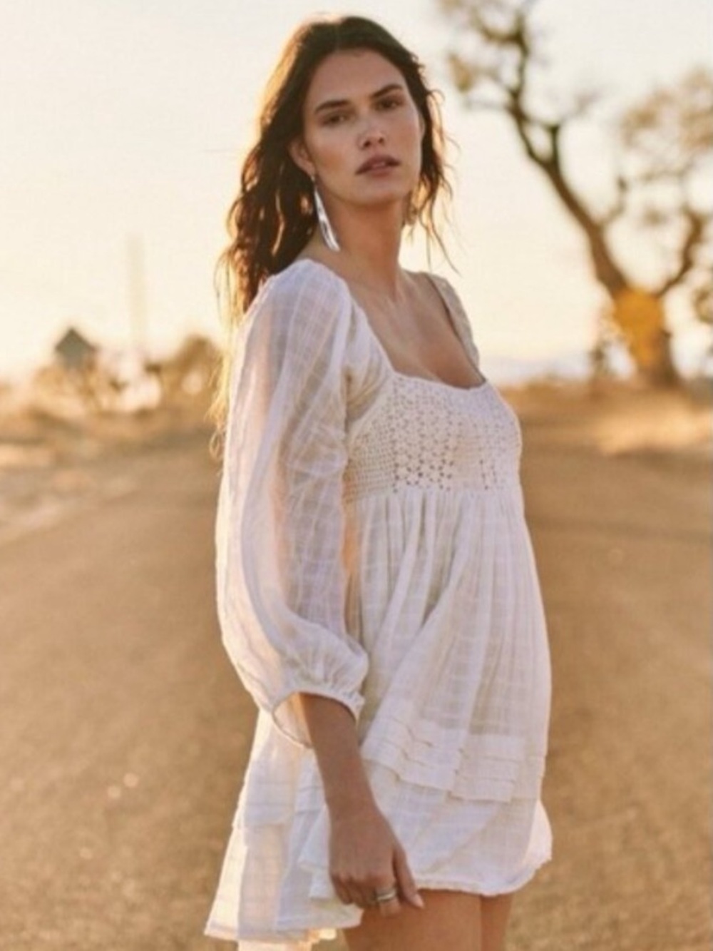 Free People Boho Smocked Yoke White Peasant Tunic size Small
